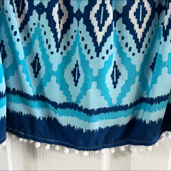 Pretty Rafaela Blue Print Sleeveless Linen Top with white decorative puff balls - Picture 6 of 8